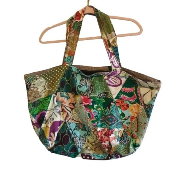 unknown Handbags - Boho Butterfly Patchwork Tote Bag XL 24x14 Zip Top Multicolor Plum Teal hobo